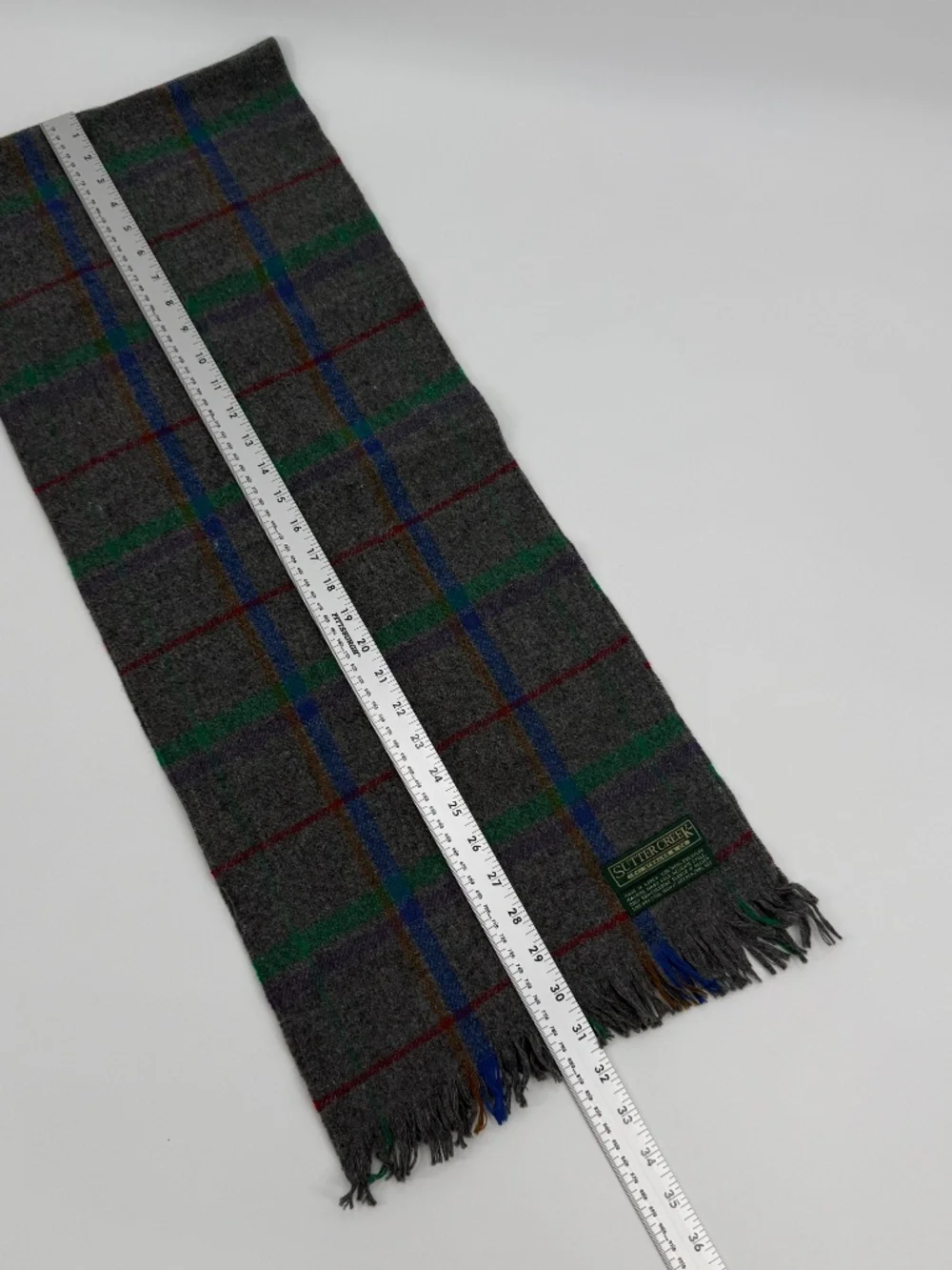Vintage 90s Levi Strauss Sutter Creek Wool Blend Gray Plaid Fringe Winter Scarf